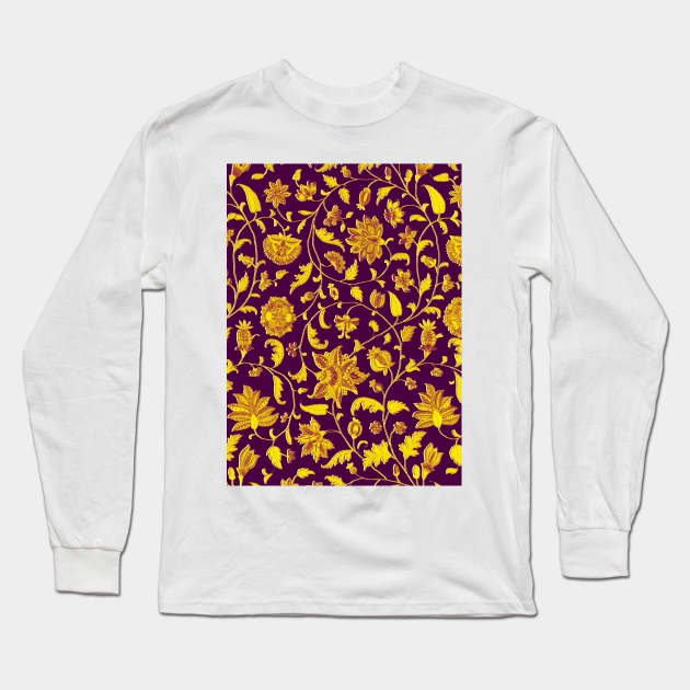 GOLD YELLOW PURPLE POMEGRANATES ,POMEGRANATE FLOWERS, LEAVES Oriental Floral Swirls Long Sleeve T-Shirt by BulganLumini